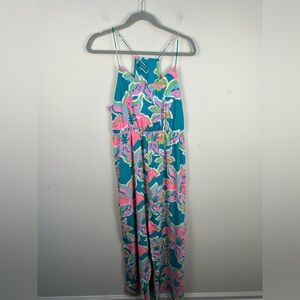 Souther Frock Vibrant Pink and Green Print Maxi Dress Size Medium Front Slit